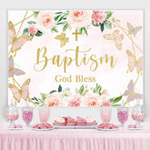 Lofaris Pink Rose and Butterflies God Bless Baptism Backdrop